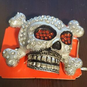 Rhinestone studded skull and crossbones belt buckle white & red
